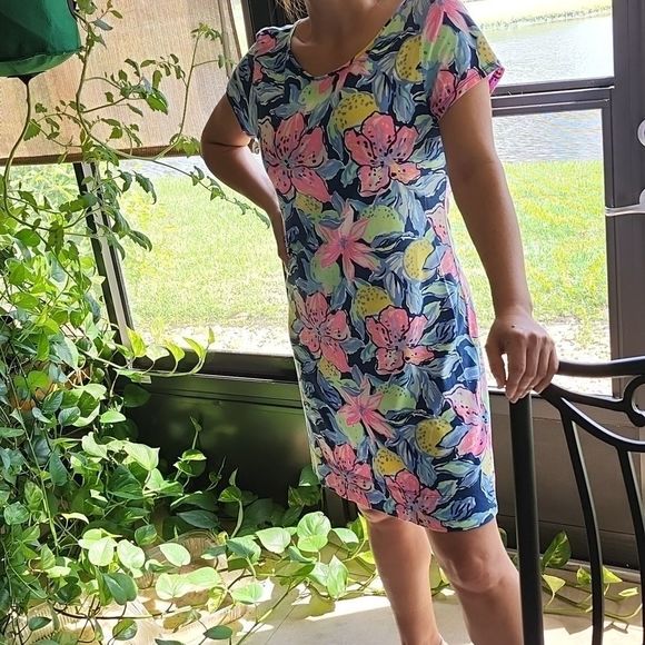 VEUC Sz M LP S/S Navy Pink Yellow Green Dress - Picture 8 of 11